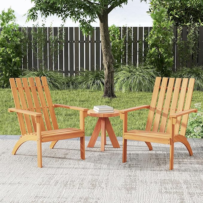 Tangkula Outdoor Adirondack Chair, Solid Acacia Wood Fire Pit Chair with Inclined Backrest, Curved Seat & Wide Armrests, Wooden Lawn Chair for Porch, Patio, Garden, Backyard, Deck (1, Natural)