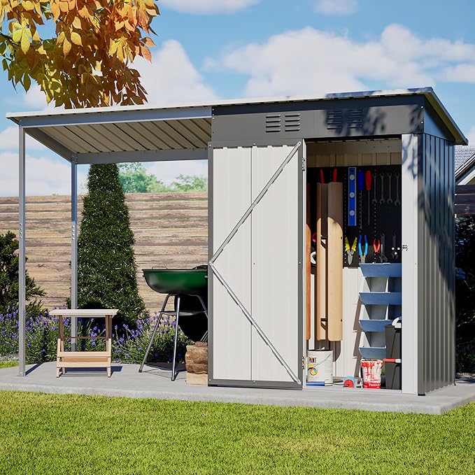 Waterproof 9.6'x2.3' Storage Shed and Gazebo Combo, Heavy Duty 2-in-1 Lean-to Tool Storage Garden House with 5'x2.3' Open Pergola, Lockable Door for Patio, Backyard, Lawn, Metal, Gray