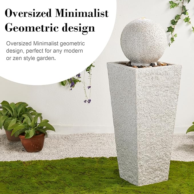 Glitzhome Outdoor Water Fountain, 40.25" H Modern Geometric Pedestal and Sphere Waterfall Fountain, Outdoor Fountain with Pebbles, Pump and LED Light, Garden Fountain for Patio, Backyard, Porch Decor
