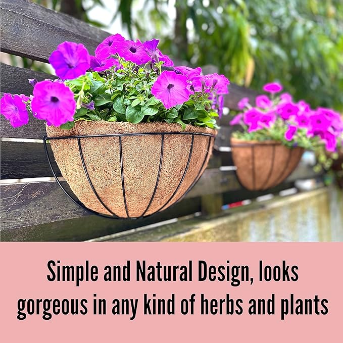 LaLaGreen Wall Planter Outdoor, 4 Pack, 14 Inch Large Wall Hanging Flower Basket with Coco Liner, Vertical Living Wall Mounted Wire Pot Outside Fence Railing Plant Pots Holder Deck Porch Balcony Patio