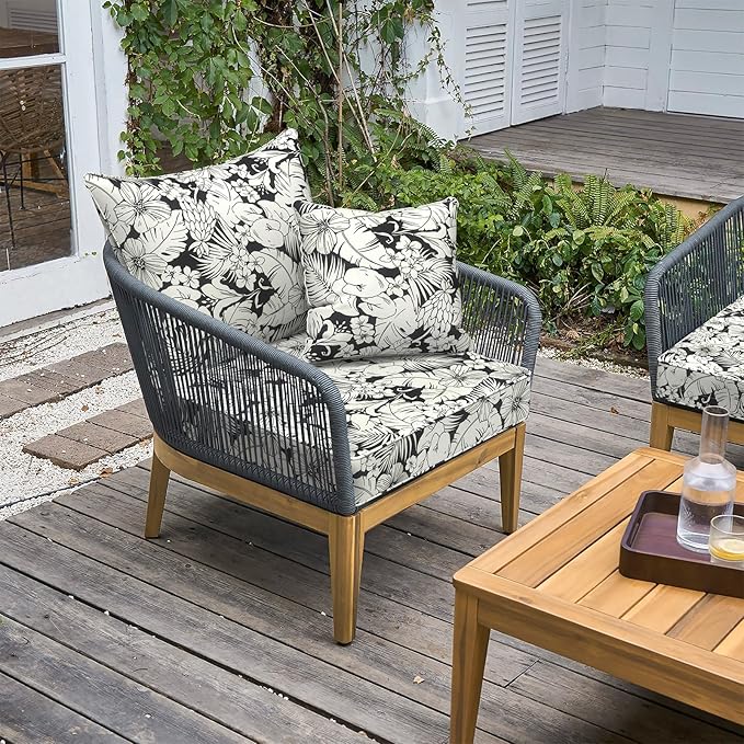 LVTXIII Outdoor Deep Seat Cushion Patio Seat and Back Cushion Set Seasonal Chair Cushion for Dining Arm Chairs, Wicker Chairs and Garden Furniture Decoration, 22"x22"x4", Tropical Blossom Noir