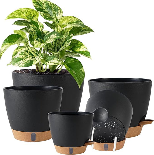 Self Watering Pots for Inoor Ourdoor Plants 8/7/6.5/6/5 Inch Plastic Planters with Drainage Holes & Water Level Indicator, Decorative House Flower Nursery Planting Pots with Saucers (Black)