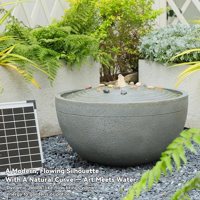 Tankana Solar Water Fountain Outdoor Garden Bubbler Water Feature Outdoor Fountains Solar Powered with Pebbles for Patio Deck Yard Home Decor Gray, 20 "L X 20" W X 11.5" H