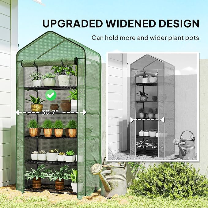 Outsunny 5 Tier Mini Greenhouse, 76" x 35.4" x 19.3" Small Portable Greenhouse with Reinforced PE Cover, Roll-Up Zippered Door, for Indoor Outdoor Garden Yard Backyard, Green