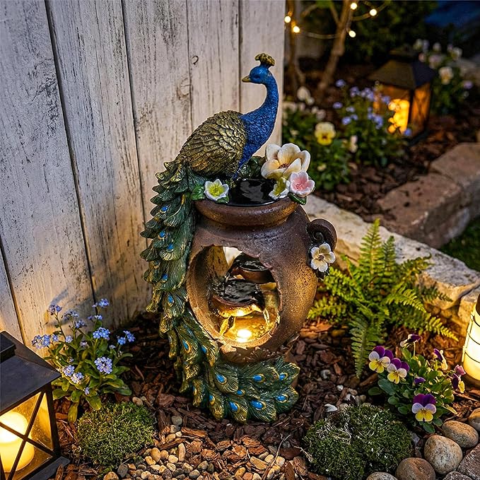 19-Inch Outdoor Water Fountain, 4-Tier Peacock and Cascading Bowls Resin Garden Fountain with Warm LED Light, Peacock Sculpture Water Feature for Garden, Yard, Patio, Deck, Lawn, Porch in Green