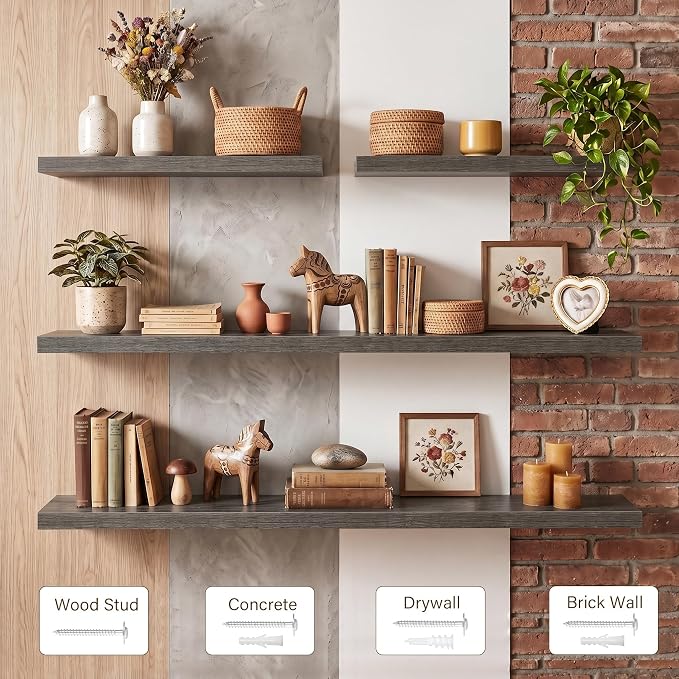 Acovy 48x8in Floating Shelves 2 Pack, Wall Mount Display Shelf, Grayish Oak | Invisible Brackets, 35lb Sturdy MDF, 48in Long, Easy Install, For Bedroom, Bathroom, Living Room, Kitchen & Office