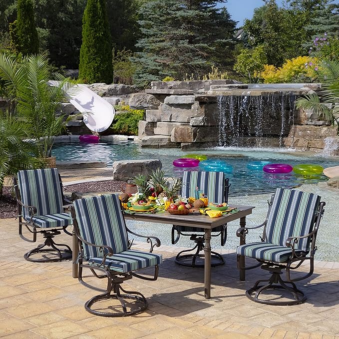 Arden 2-Pack Outdoor Patio Dining Chair Cushion, 20x44, Rain-Proof Seat Pad, Fade-Resistant Outdoor Cushion Sapphire Aurora Blue Stripe