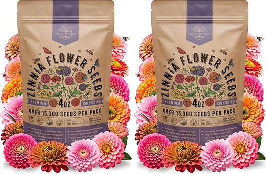 Zinnia Seeds Pack 4 oz - Over 15,300 Non-GMO Heirloom Zinnia Seeds for Planting, Annual Flowers in Individual Seed Packet for Planting Home Garden Indoor & Outdoor Gardening (Pack of 2)