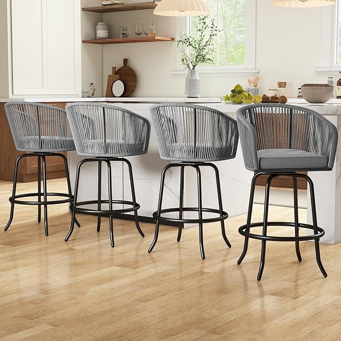 YITAHOME Counter Height Bar Stools Set of 4, Outdoor Bar Stools with Soft Cushions, Patio Rattan Swivel Bar Chairs for Backyard Poolside, Garden w /360 Rotation (Gray)