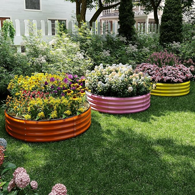 ZFHgarden Galvanized Metal Planter Round Raised Garden Bed Kit for Gardening Outdoor，2x2x1ft Grow Garden Box Raised Flower Bed，Round Galvanized Planter Outdoor Metal Fire Pit Ring