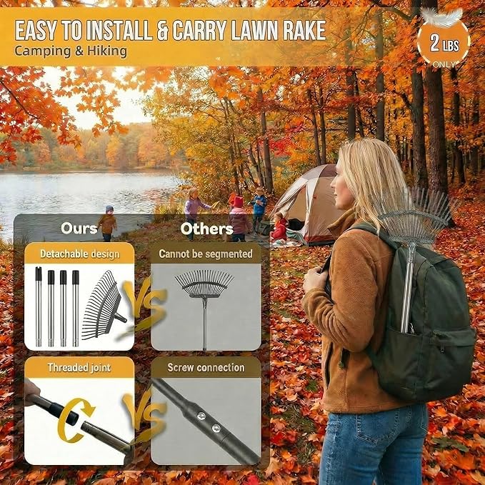 Garden Rake for Leaves, 20" Ultra Wide Heavy Duty Metal Leaf Rake, 40-68" Adjustable Long Handle Yard Rake with 25 Tines Head Women Kids Rakes for Lawns,Shrub,Grass,Pine Needles,Debris