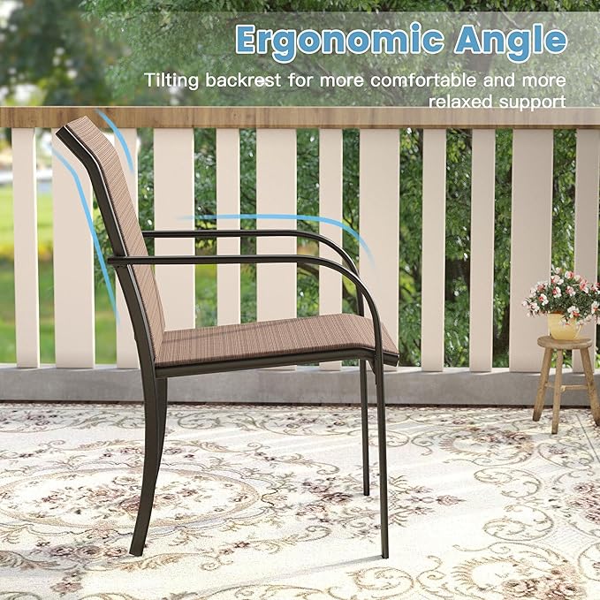 DIFY Patio Chairs Set of 6, Stackable Textilene Outdoor Dining Chairs with Metal Frame, All Weather Outdoor Chairs Set for Backyard Garden Deck Poolside, Brown
