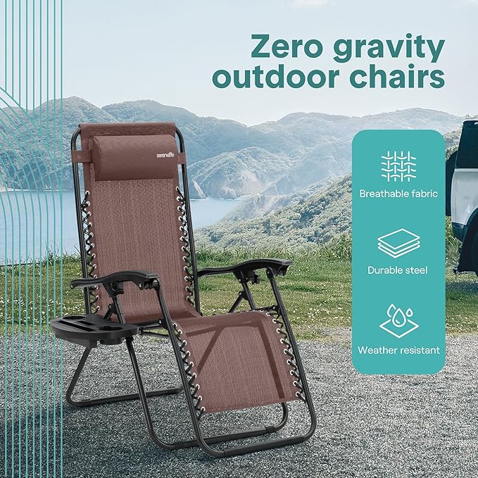 SereneLife Outdoor Zero Gravity Lounge Chair Set, 2 Pack Adjustable Recliner Chairs with Cup Holder Side Table and Padded Headrest, Foldable Patio Lawn Chairs, Weather Resistant Design (Brown)