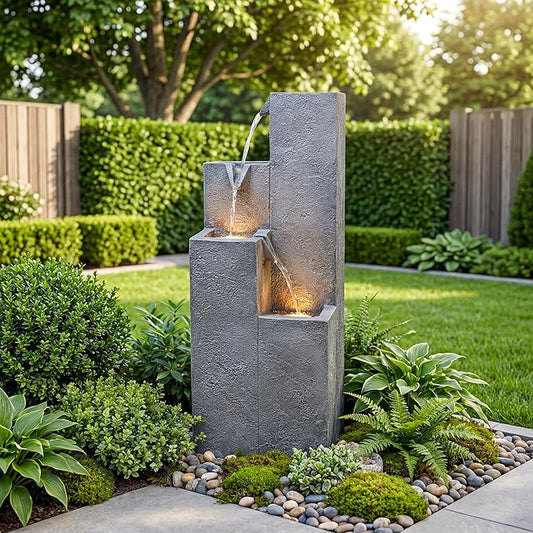 33-Inch Modern Outdoor Water Fountain, 4-Tier Resin Garden Waterfall Fountain, with Soothing Water Sound & Warm LED Light, Home Decor for Patio, Yard, Porch, Deck, Lawn or Balcony in Gray