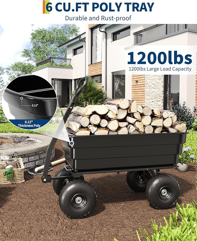 Garden Dump Cart, 1200 Lb Capacity Heavy Duty Utility Cart, Wheelbarrow with 180° Pivot Handle for Yard, Lawn & Gardening(Black)