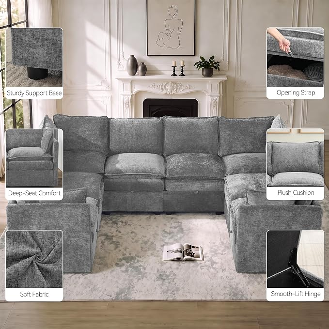 105"U-Shaped Storage Modular Sectional Sofa for Living Room, Light Grey