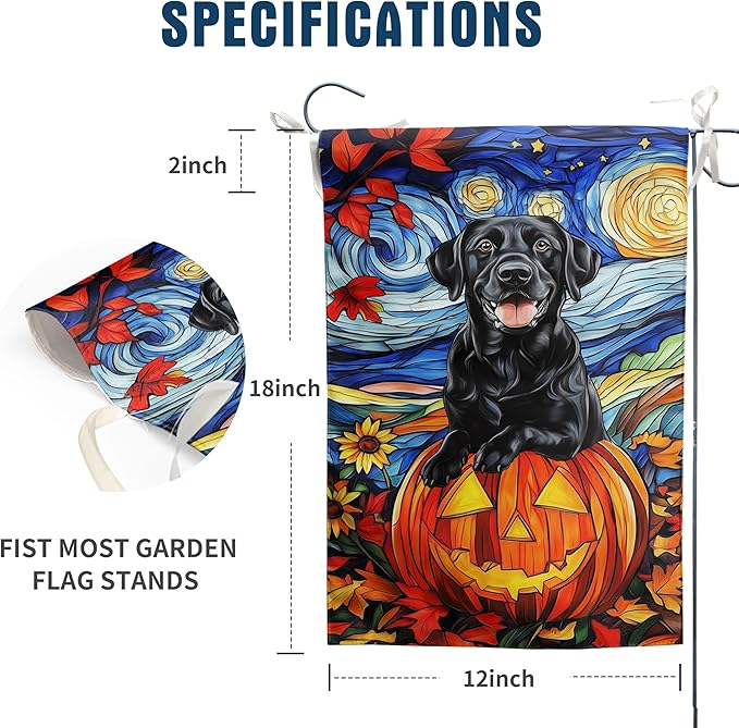 Stained Glass Black Lab Fall Garden Flag Halloween Pumpkin Yard Signs Autumn Sunflower Thanksgiving Banner for Outside 12x18 Double Sided Small Labrador Dog Outdoor Decorative