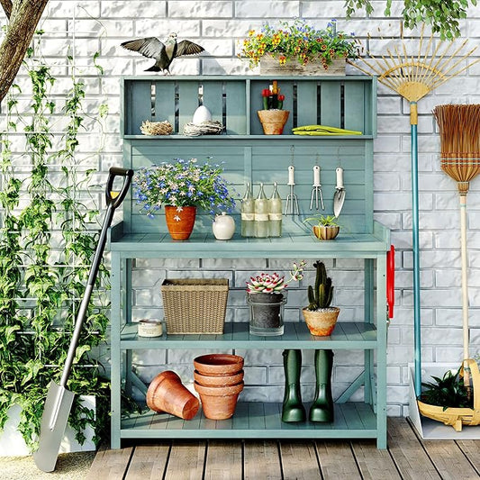 RUNNA 65" Large Wooden Farmhouse Rustic Outdoor Potting Bench Table, Patio Workstation, Garden Potting Bench with 4 Storage Shelves and Side Hook (Green#023)