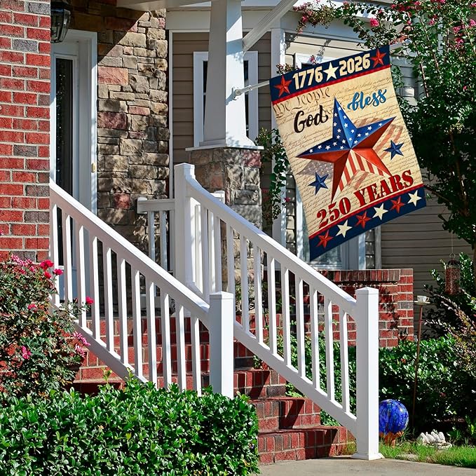 250 Anniversary USA Garden Flags for Outside, 4th of July 250th Years American Patriotic Banner, Blessing United States 12x18 Inch Double-Sided with Retro Star, 1776-2026 Yard Merchandise Decoration