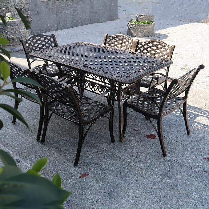 58.66" Bronze Aluminum Hollow Pattern Outdoor Dining Table, Fits 8, With Umbrella Hole