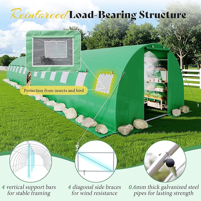 AMERLIFE 44×10 FT Large Walk-in Tunnel Greenhouse with Watering System, Heavy Duty Greenhouse with 4 Support Poles & 4 Doors, Outdoor Greenhouse with Mesh Windows, UV-Proof PE Cover, Green