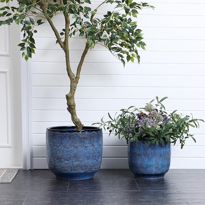 LuxenHome 12" Dia Large Ceramic Pots for Plants, Teal Blue Glazed Planters for Outdoor Plants, Round Indoor Flower Pots with Drainage Hole and Rubber Plug for Home Garden Patio
