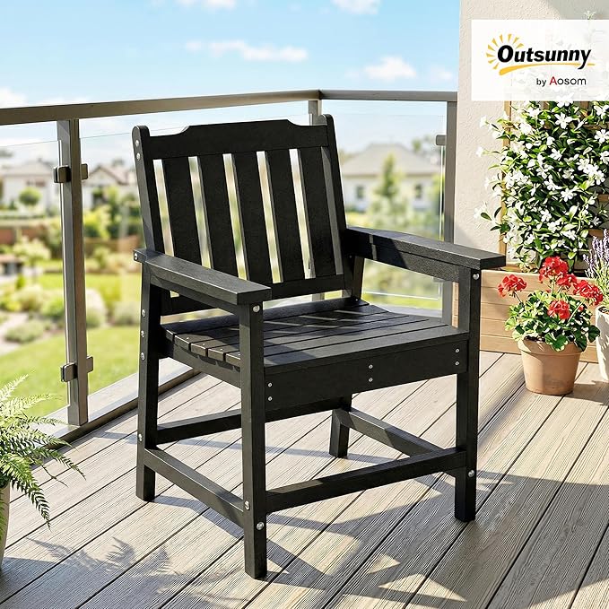 Outsunny All-Weather Patio Chair, HDPE Patio Dining Chair, Heavy Duty Wood-Like Outdoor Furniture for Garden, Backyard, Deck, Porch, Lawn, Black