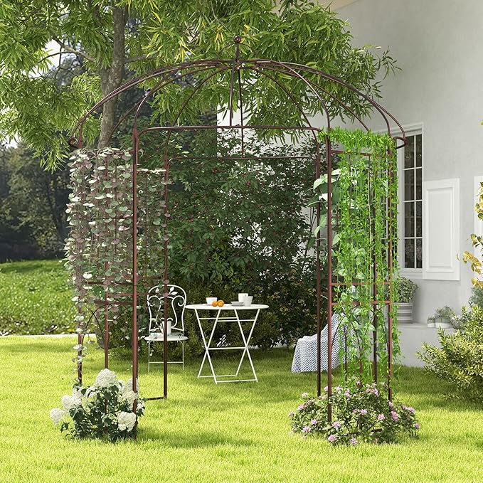 HAPPYGRILL Birdcage Shape Garden Arbor, 7 x 8.4 ft Heavy Duty Metal Garden Gazebo Pergola with Trellis, Garden Arch Trellis for for Climbing Plants Wedding Party Decor Outdoor Arch Pavilion for Lawn