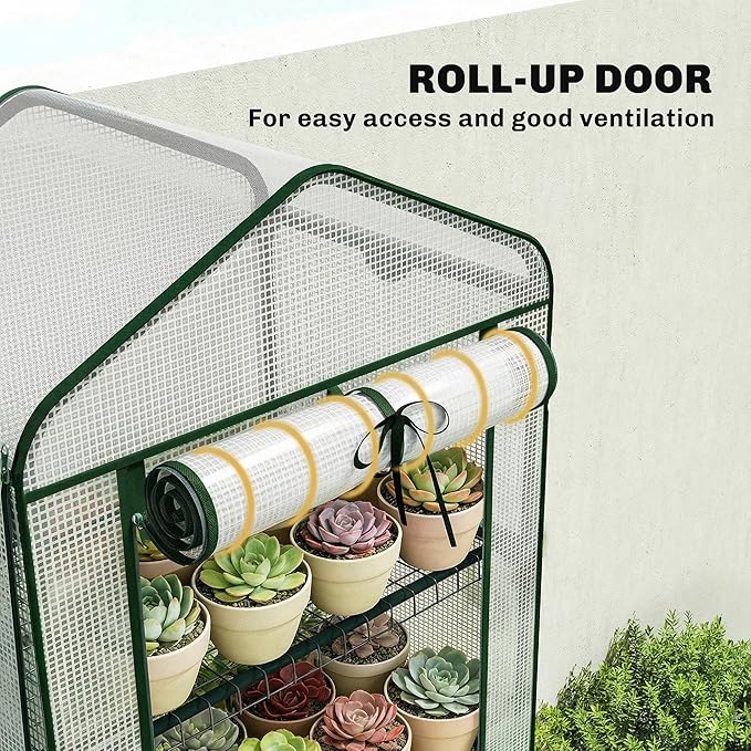 Outsunny 5 Tier Mini Greenhouse with Screen Roof, 27.6" x 19.7" x 75.6", Portable Small Greenhouse with High Strength PE Cover, Roll-Up Zipper Door for Garden Yard Backyard, White