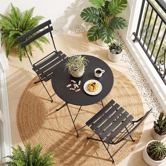 GarveeHome 3-Piece Foldable Bistro Set, Outdoor Patio Furniture with 2 Folding Chairs & 1 Table, Weather-Resistant Indoor/Outdoor Conversation Set for Patio, Black