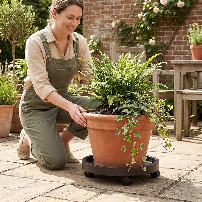 WanderingDonkey 17.52” Outdoor Plant Caddy with Wheels - Heavy Duty Rolling Planter Stand for Patio, Garden, Deck & Outdoor Living Spaces