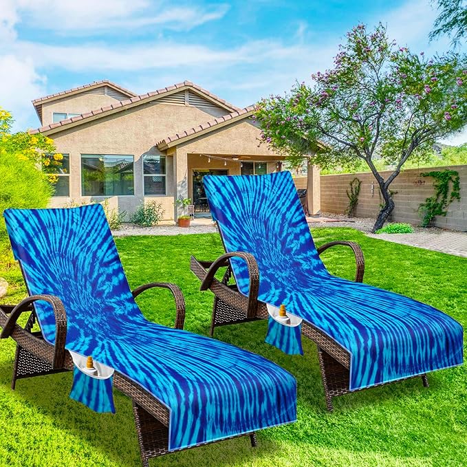 Lounge Chair Towel Cover, Beach Chair Cover (Pack of 2), Pool Lounge Chair Covers for Outdoor,Garden, Beach,Sun Lounger,Hotel Pool,Large Size and No Sliding, 85" X 30", Blue Tie Dye