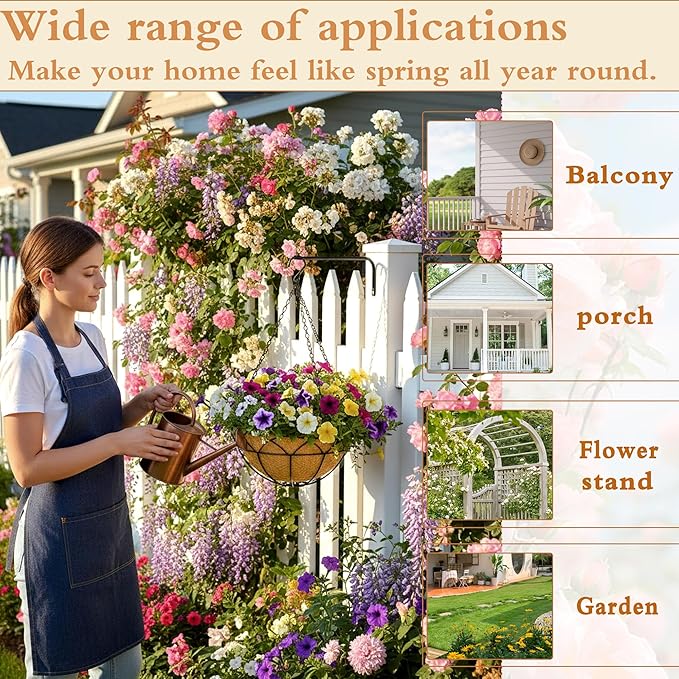 4 Pack 12" Round Metal Hanging Basket for Outdoor Plants Durable Large Hanging Planter with Coco Coir Round Plant Holders Planter for Outside Garden Decoration (Lotus)