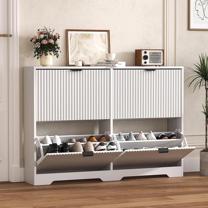 Shoe Cabinet Storage for Entryway with 4 Flip Drawers, White Fluted Shoe Cabinet with Adjustable Shelves, Wooden Hidden Shoes Rack Freestanding Narrow Slim Shoes Storage for Hallway, Entrance
