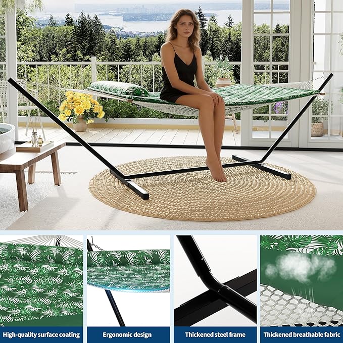 Garvee 2 Person Portable Double Hammock for Outdoor with Pillow, Heavy Duty Portable Hammock with Adjustable Steel Stand for Patio, Garden, Beach, Backyard