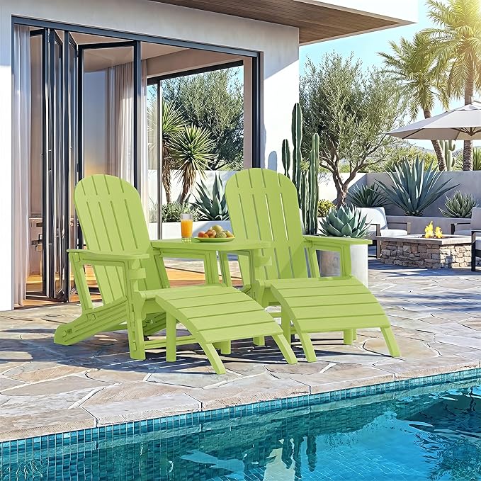Vongrasig Adirondack Chairs Set of 2 with Removable Tabletop and Footrest, HDPE Plastic Outdoor Chair Set with Wooden Textured, Cup Holder for Patio, Poolside, Garden, Green, 5 Pieces