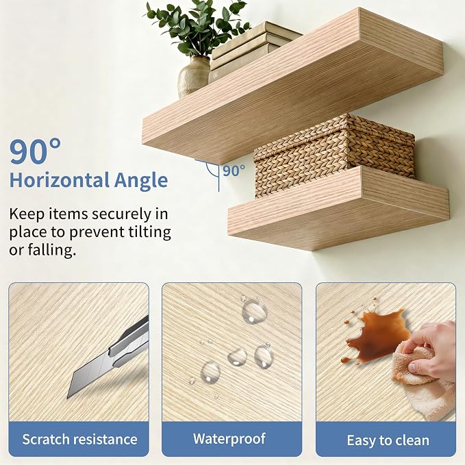 Oak Floating Shelves for Wall, 12 Inch Wooden Wall Shelf Set of 2 | Wood Floating Shelf Over Toilet, Wall Mounted, Easy Install, Easy-Clean, 33lbs Max Load, Bedroom Living Room Display Storage