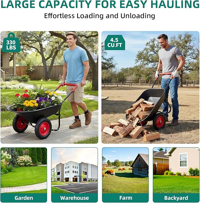Autodaya Dual-Wheel Garden Cart, 14" Pneumatic Tires & Built-in Stand, 4.5 Cu Ft Utility Yard Wheelbarrow for Gardening, Soil, Construction, Easy Assembly,Red