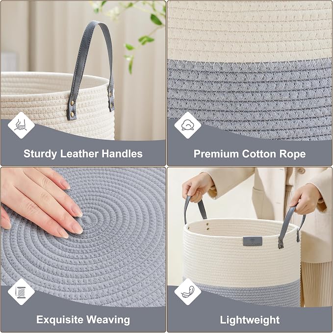 VIPOSCO 53L Tall Woven Rope Laundry Hamper, Leather Handles, Grey & White | Large Wicker Laundry Basket for Dirty Clothes, Blanket, Toy, Towel, Yoga Mat, Storage Bin in Bedroom, Bathroom, Living Room