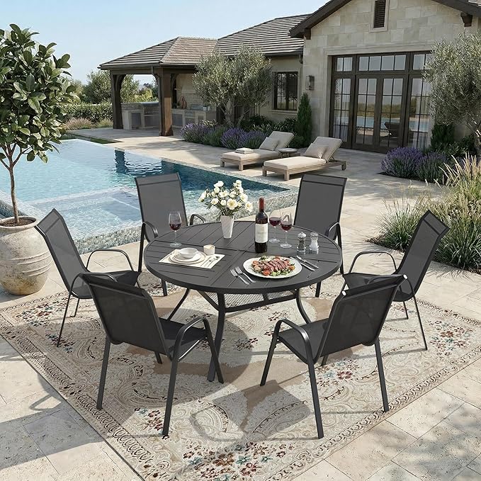 DIFY Patio Chairs Set of 6, Stackable Outdoor Dining Chairs Set with Breathable Textilene High Back and All-Weather Metal Frame for Garden, Backyard, Deck, Dark Grey