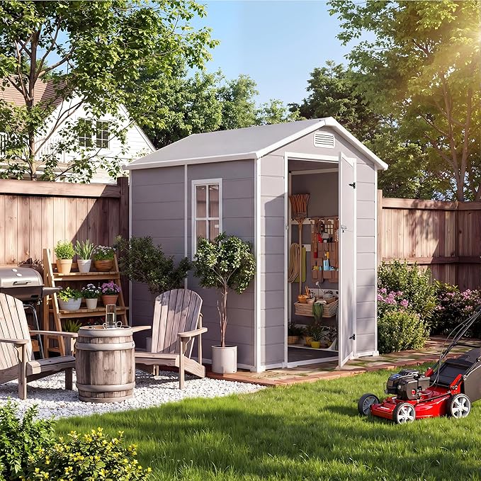 Outdoor Storage Shed with Floor, Plastic Resin Garden Shed with Window & Sloping Roof & Lockable Door for Patio Backyard Garden, Lawn Mower, Bike, Tool Storage (Light Gray, 4' x 6')