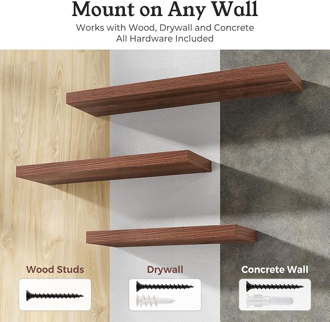 24" Walnut Floating Shelves Wood Wall Shelf, Walnut Color, Set of 2 | Wall Mounted Wood Shelves, For Bathroom, Bedroom, Living Room, Kitchen, Hanging Shelf for Books/Storage/Room Décor