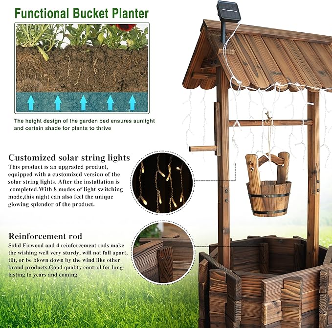 Notume Garden Wooden Decor Rustic Wishing Well with Light Planter Outdoor Home Décor for Patio, Upgrade Wishing Well Garden, Yard Hanging Bucket Patio Lawn Backyard Home Decor