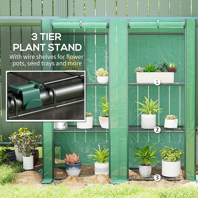 Outsunny Lean-to Greenhouse with 3 Tier Shelves, 56.7" x 18.9" x 59.8" Portable Small Greenhouse with PE Cover, 2 Roll-Up Zippered Doors, for Indoor Outdoor Garden Backyard Balcony, Green