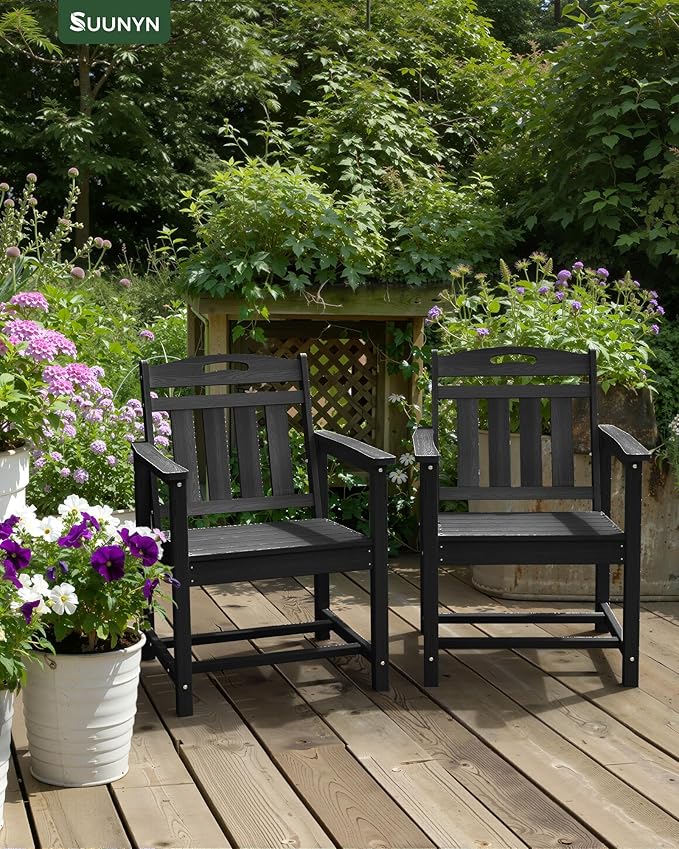 Patio Chairs, HDPE Outdoor Dining Chairs with Wide Seat, All Weather Oversized Porch Chair for Garden, Backyard, Deck - Black
