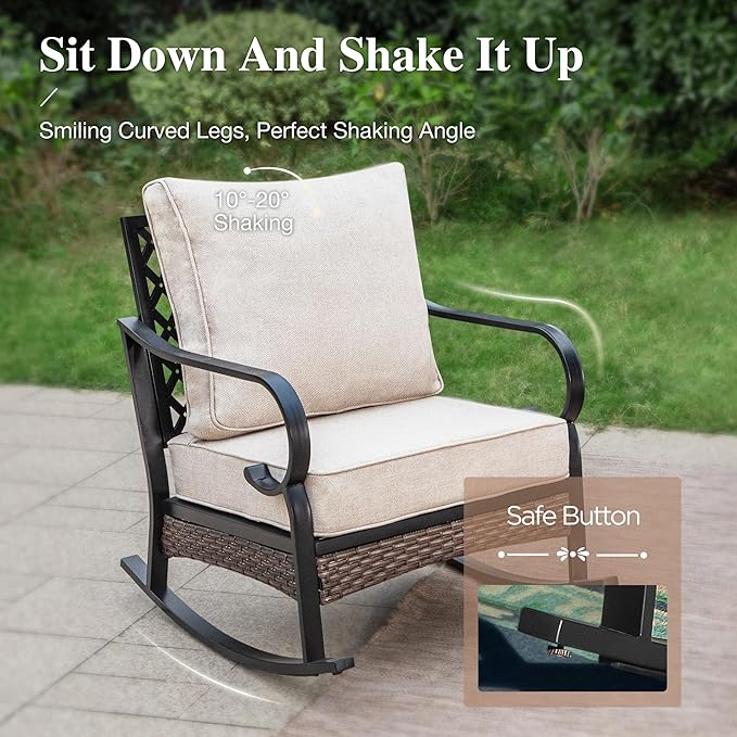 HERA'S HOUSE Patio Rocking Chairs Set of 2 with Thick Cushions, High Back Metal Outdoor Rockers, All Weather Garden Furniture for Backyard, Deck, Lawn, Beige