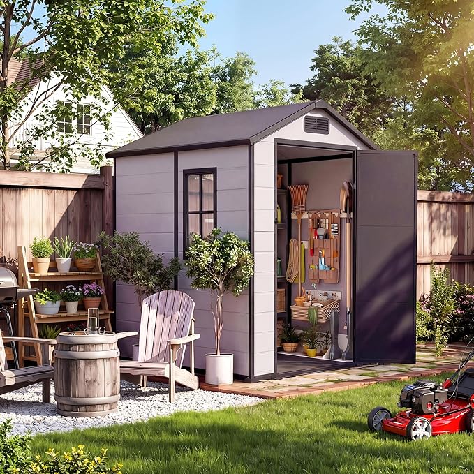 Outdoor Storage Shed with Floor, Plastic Resin Garden Shed with Window & Sloping Roof & Lockable Door for Patio Backyard Garden, Lawn Mower, Bike, Tool Storage (Grayish White + Black, 4' x 6')