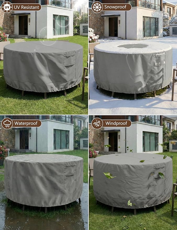 Vailge Patio Furniture Covers Round, Outdoor Furniture Covers Waterproof Windproof, 600D Oxford Outdoor Patio Table and Chair Cover (Grey, 110"DIAx28"H)