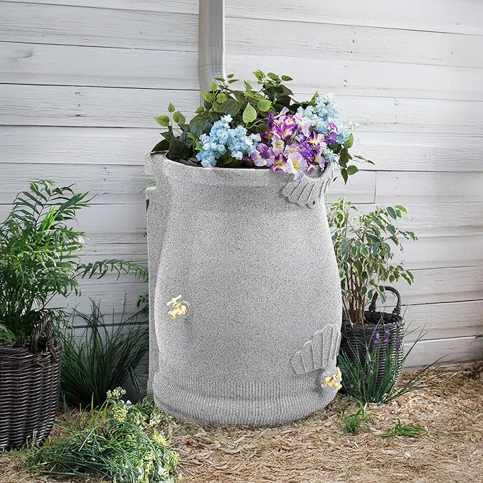 Good Ideas Rain Wizard 50 Gallon Rain Saver Barrel Water Storage Urn with Planter Space and 2 Brass Spigots, Light Granite (3 Pack)