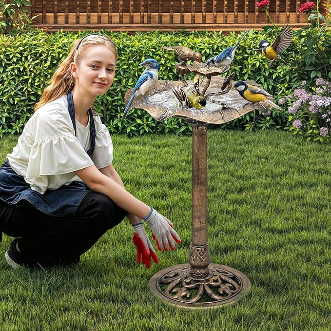 Athena Collection 35'' Outdoor Bird Bath, Vintage Pedestal Birdbath with 2-Tier Fountain Bowl, 5l Polypropylene Bird Bath with Lotus Accents, Garden Patio Yard Lawn Decor for Attracting Birds, Bronze
